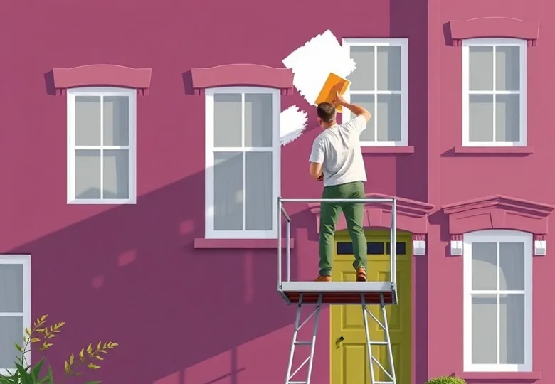 Peintre sur échafaudage traitant la façade d'une maison