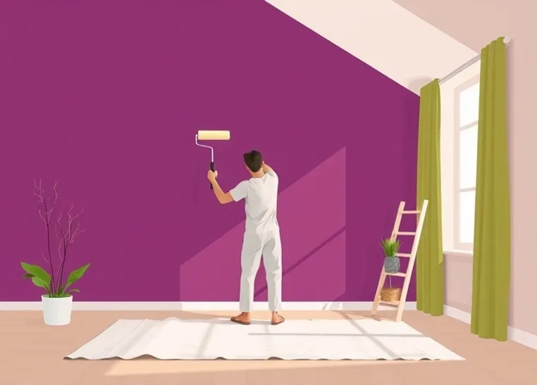 Peintre appliquant la peinture au rouleau sur un mur de salon